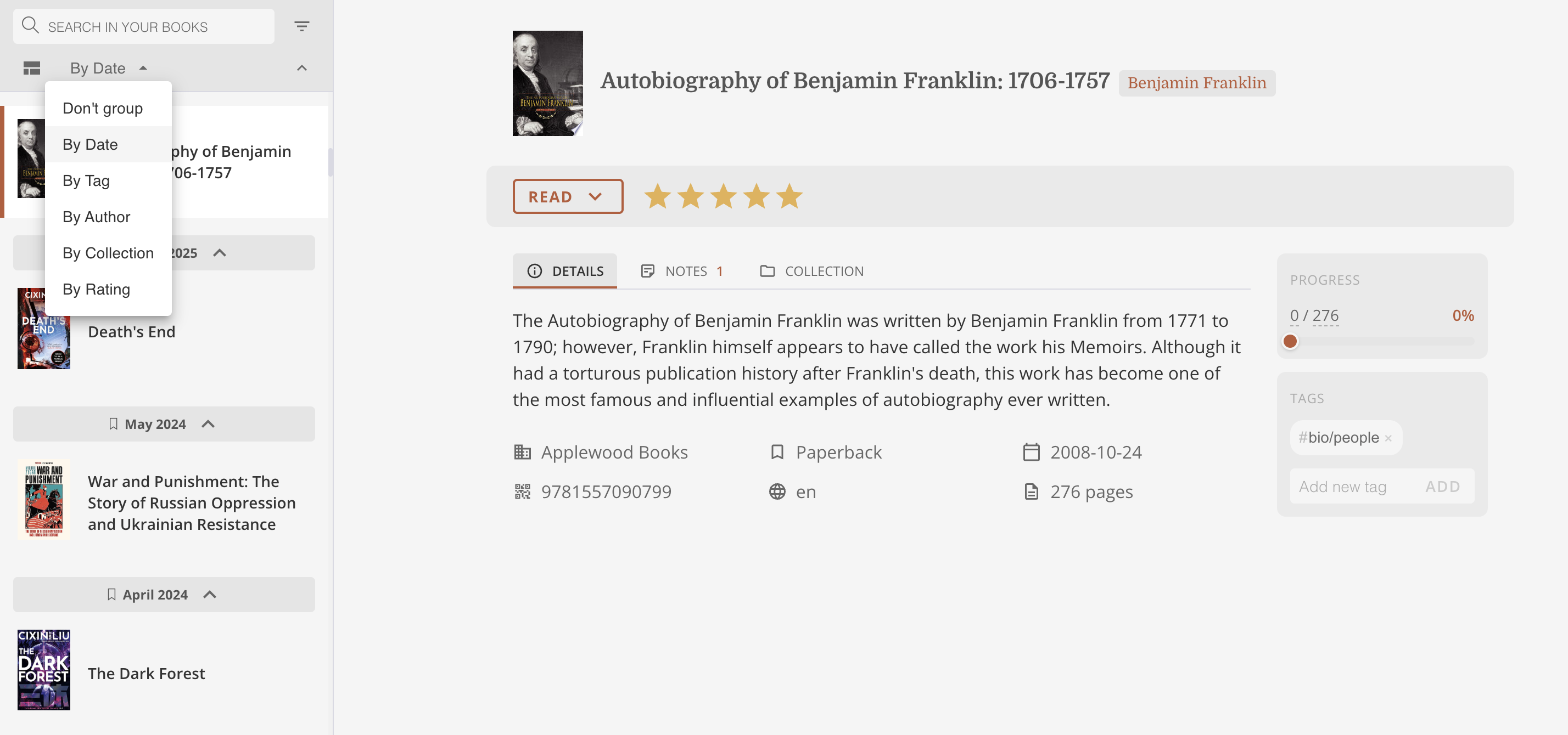 Catalogue page with books grouped by tag and collection, filters visible