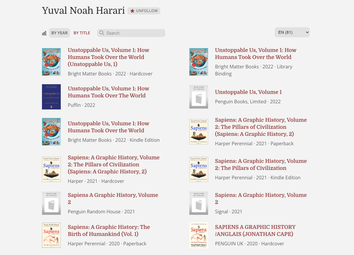 Author detail page showing bibliography grouped by language