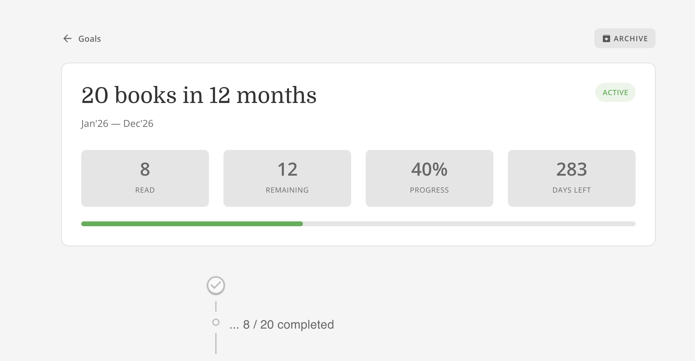 Targets page with active goal, progress bar, and book count
