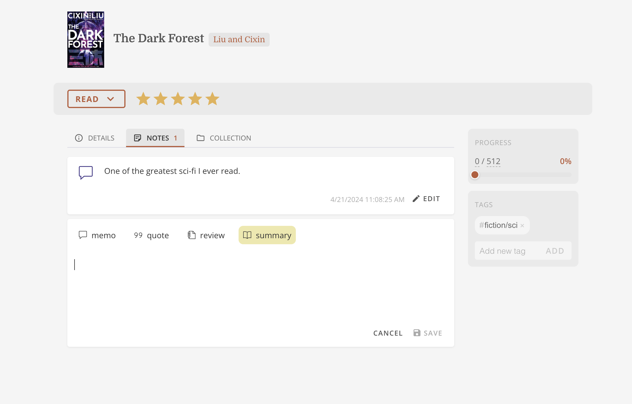 Notes page with notes organized by month and different note kinds